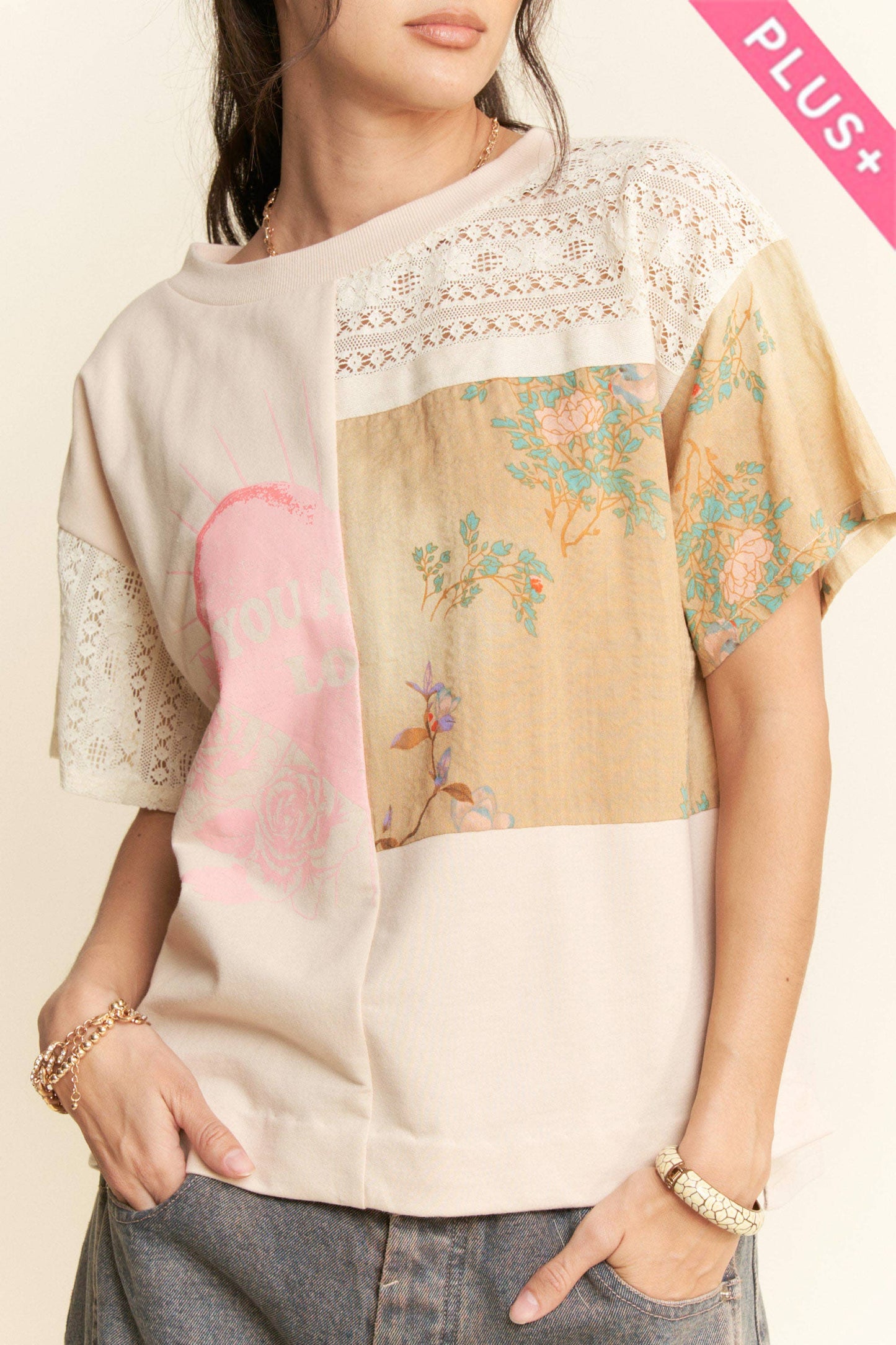 PLUS PATCH WORK MULTI BODICE SHORT SLEEVE TOP: NATURAL MULTI / 1XL