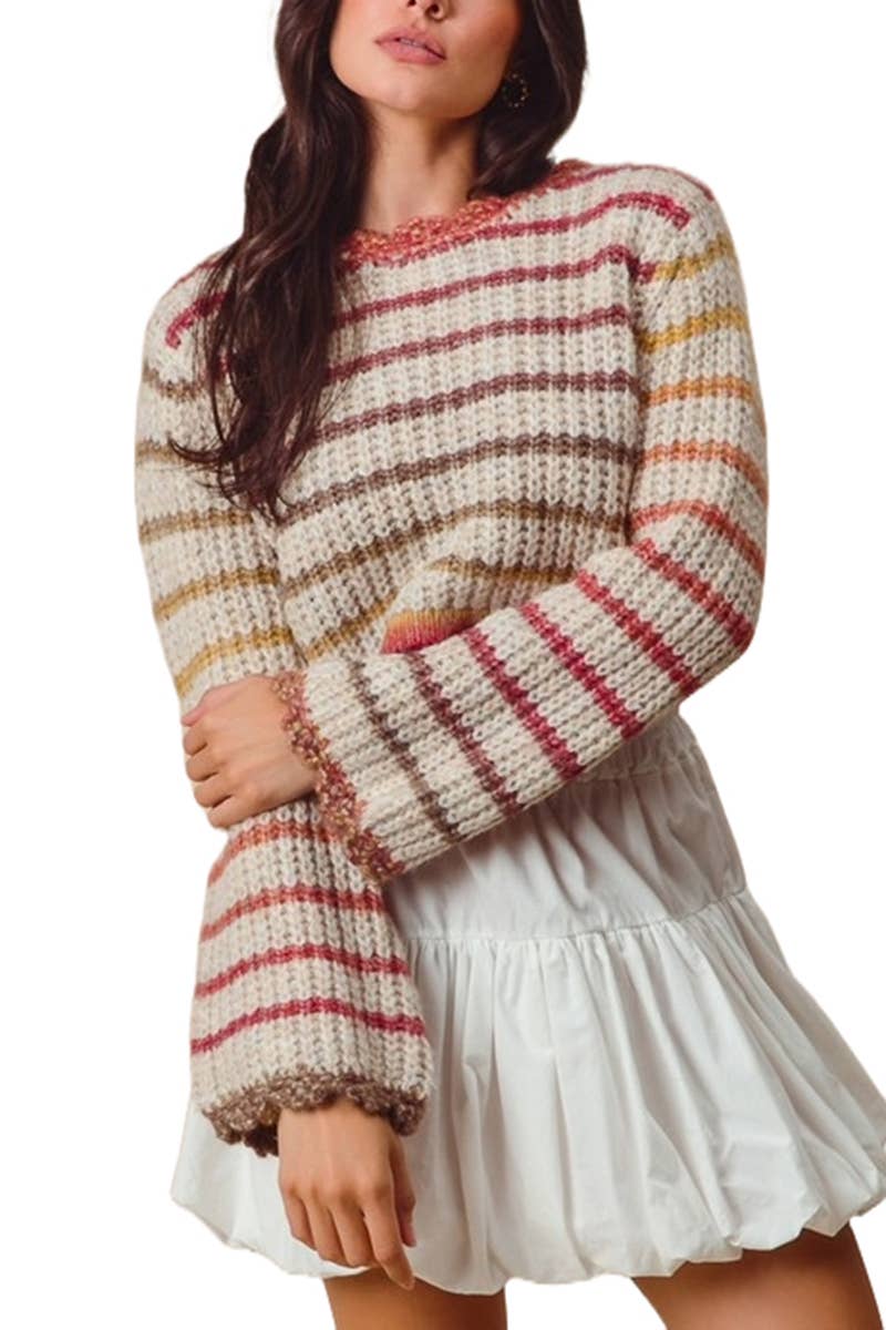 Multi Color Gradation Stripe Crop Sweater: OATMEAL/RUST