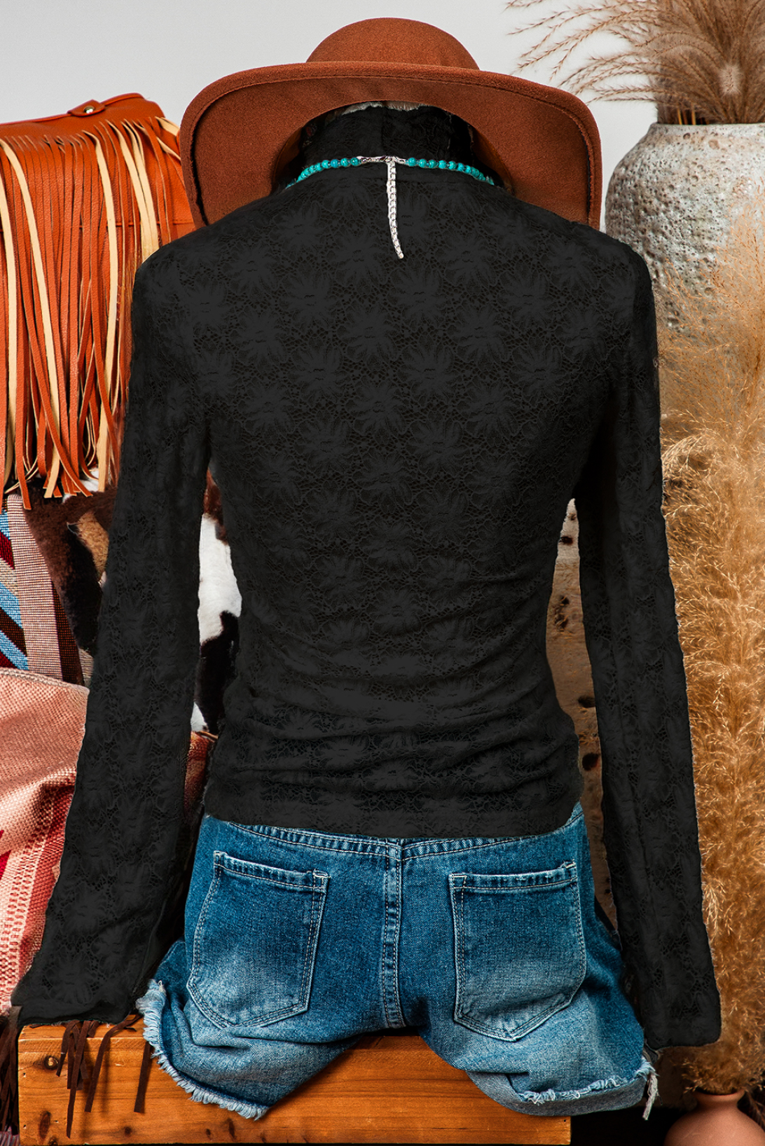 Floral Lace High Neck Long Sleeve Top: Black