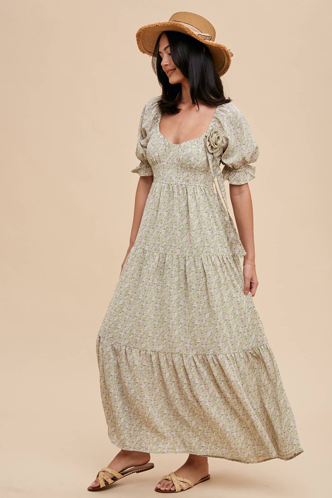 ROSETTE SWEETHEART NECK FLORAL TIERED DRESS: DAFFODIL CREME / L