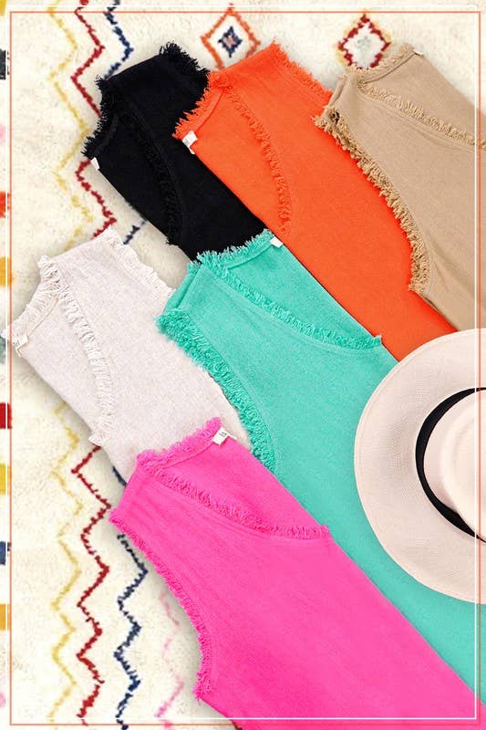 HBT7635-Soft Washed Gauze Cut Edge Sleeveless V-neck Top: Candy / L