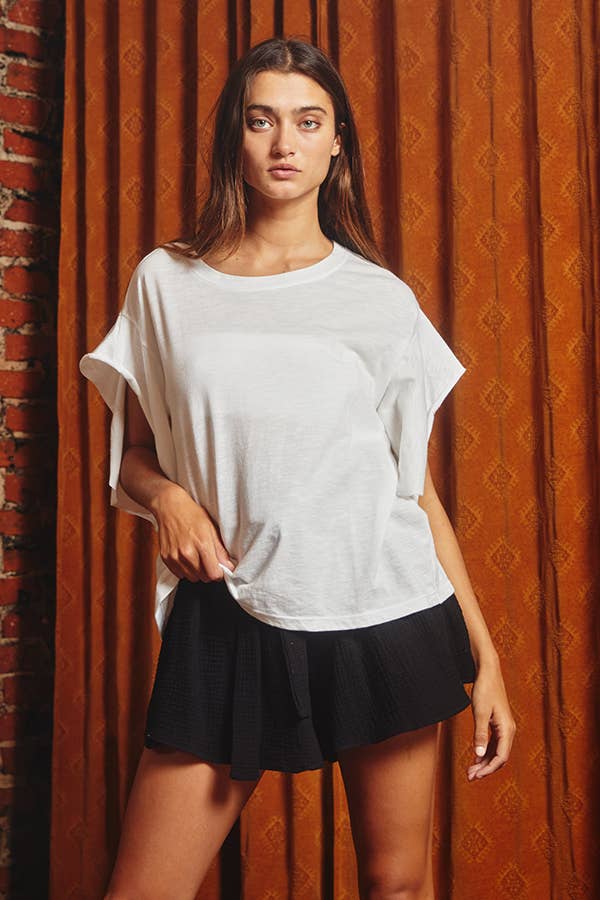 T1783 Short irregular sleeves Solid Oversize Top: OFF WHITE / S-M-L (2-2-2)