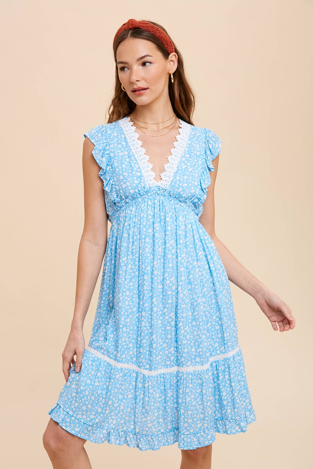 FLORAL RUFFLED LACE TRIM DRESS: CORNFLOWER / L