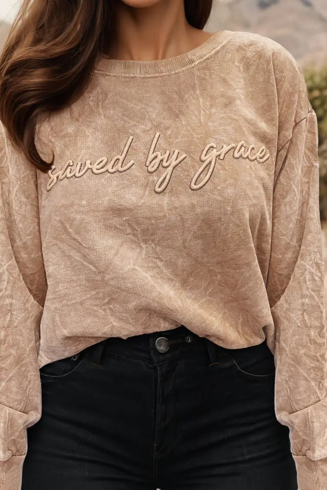 Embroidered Mineral Wash Plus Size Sweatshirt: DUNE - Posh Finds