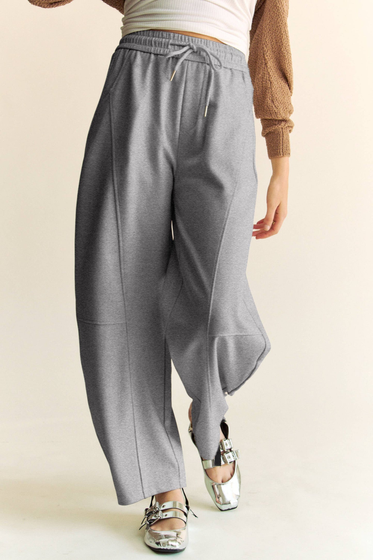 SOLID ELASTIC WAISTBAND POCKETS LONG BARREL PANTS: Khaki / S