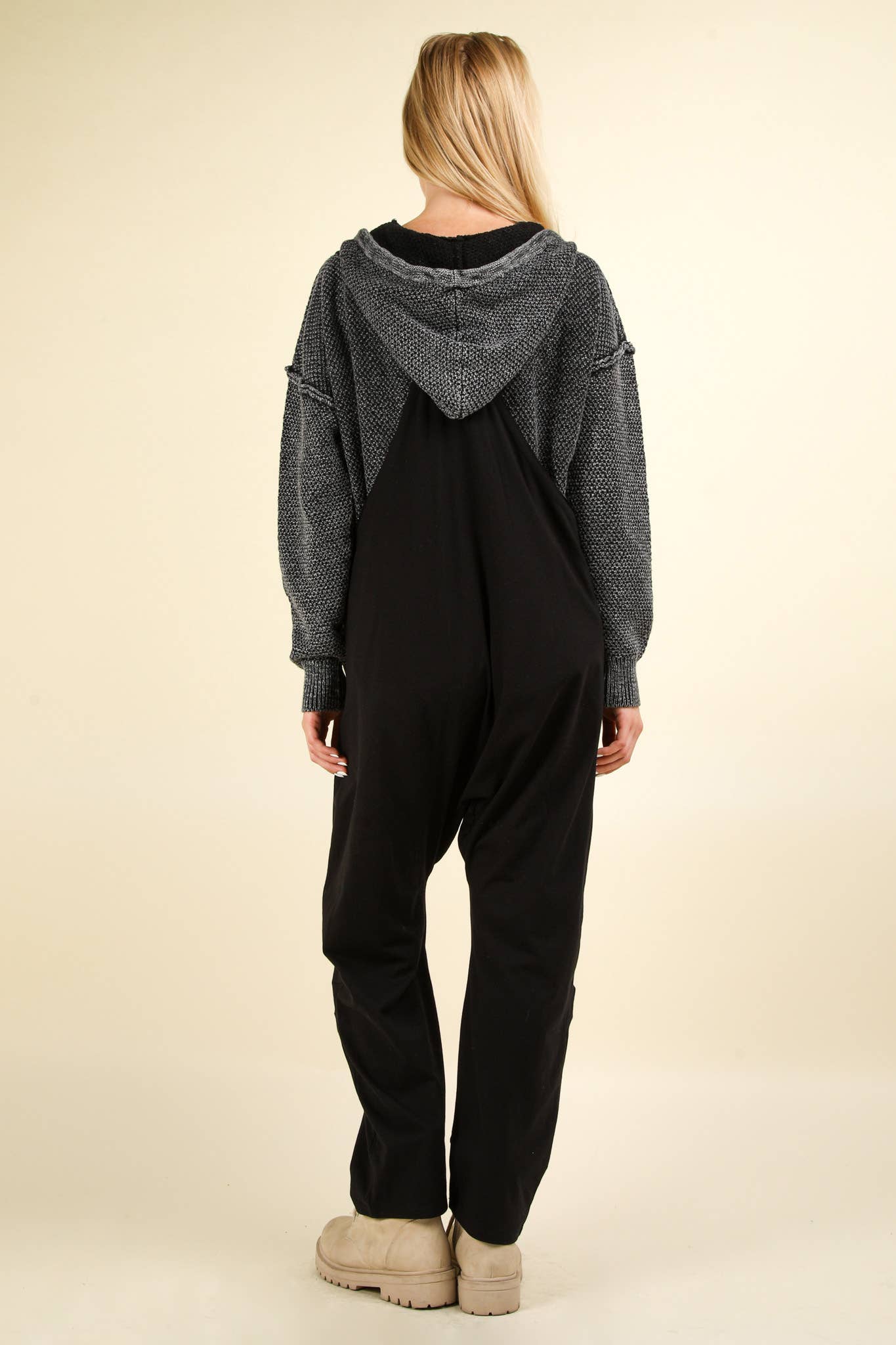 Casual Loose Fit Solid Knit Baggy Jumpsuit: CHARCOAL