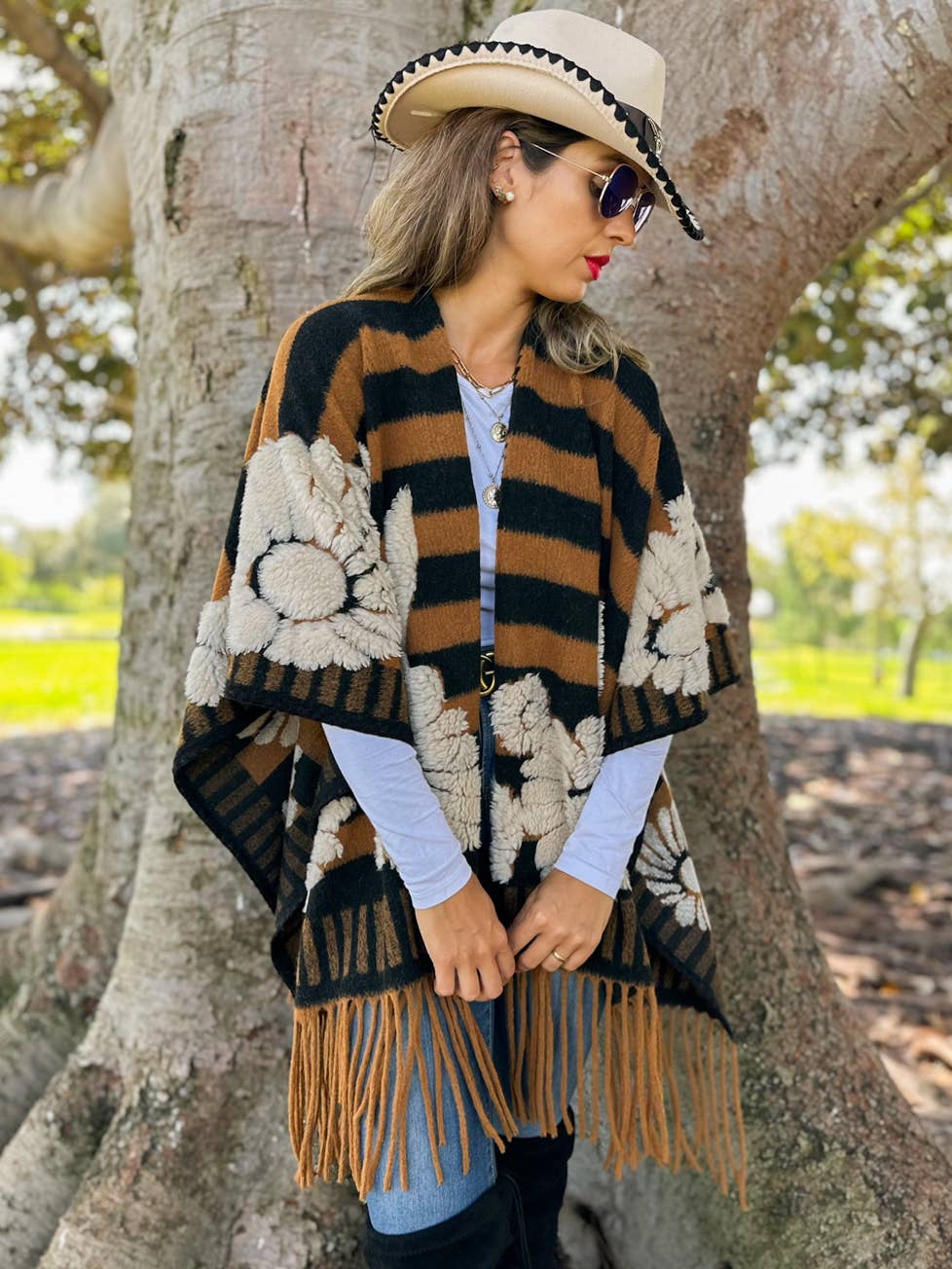 Brown Western Boho 3D Floral Fringe Ruana Cardigan: Brown / One Size