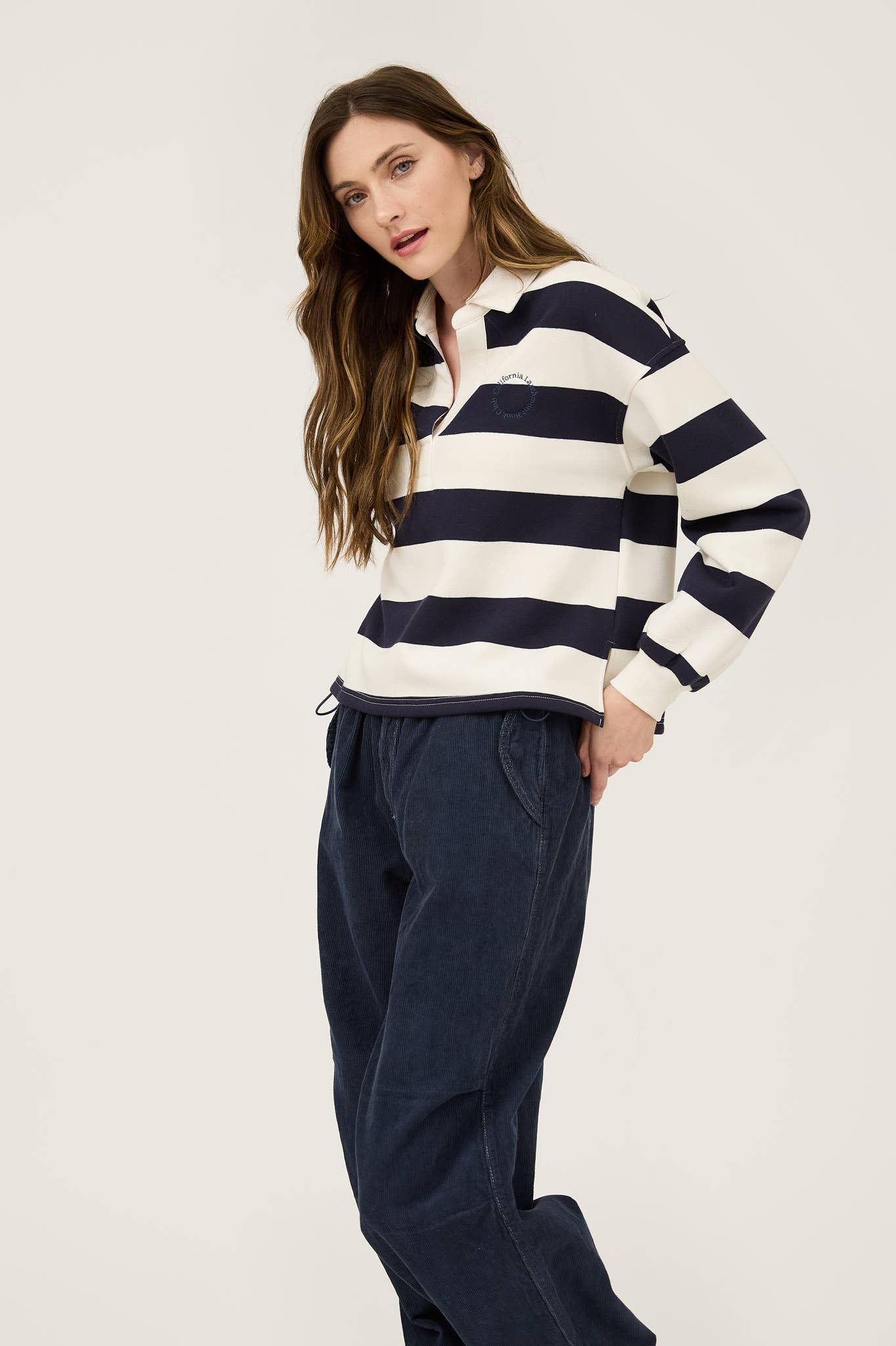 STRIPE COLLARED LONG SLEEVE POLO KNIT TOP: OXBLOOD