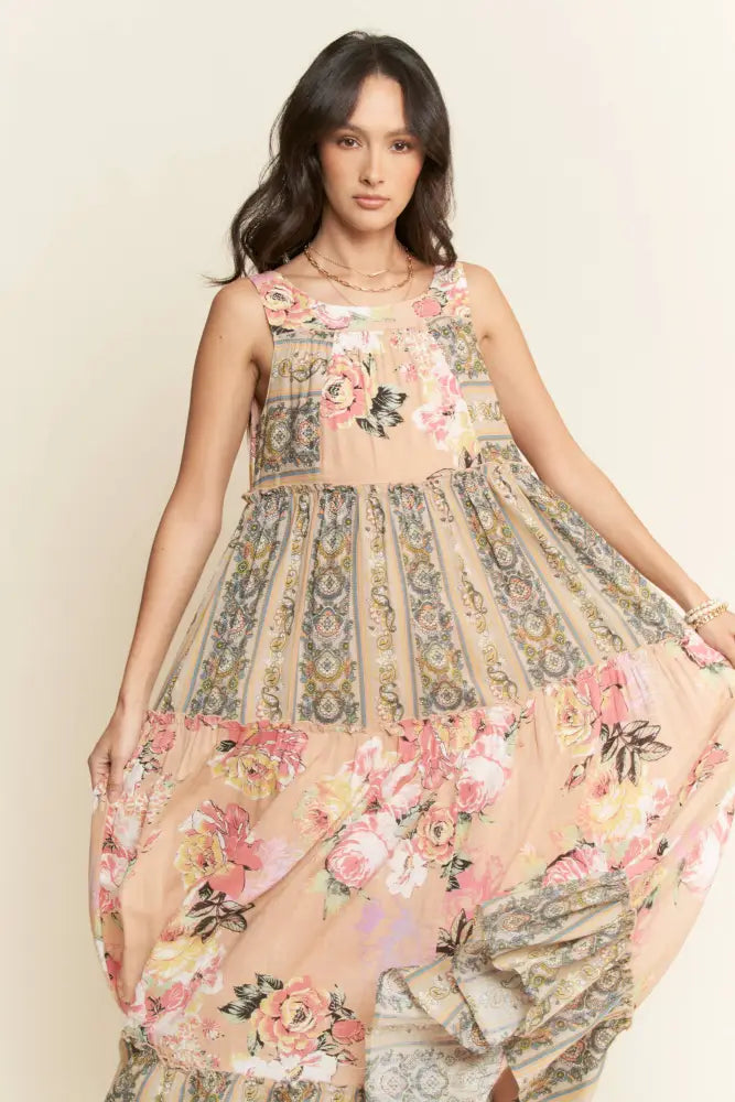 PLUS FLORAL BOHO STRIPE MIXED FULL SKIRT MIXI DRESS SAGE - Posh Finds