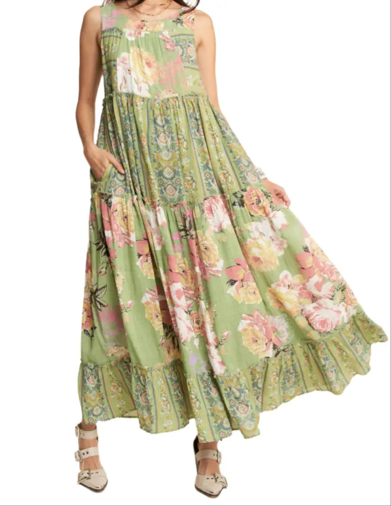 PLUS FLORAL BOHO STRIPE MIXED FULL SKIRT MIXI DRESS SAGE - Posh Finds