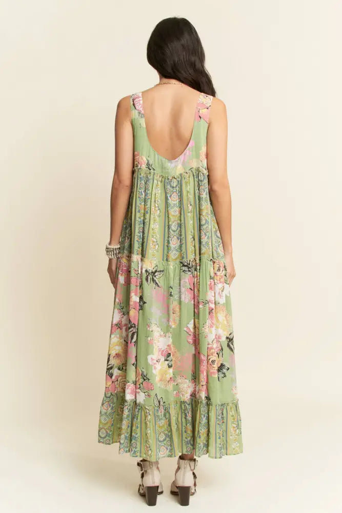 PLUS FLORAL BOHO STRIPE MIXED FULL SKIRT MIXI DRESS SAGE - Posh Finds