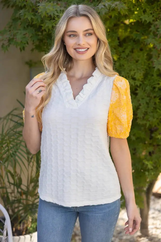 Floral Burn Out Organza Puff Sleeve Top: Yellow - Posh Finds