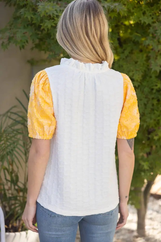 Floral Burn Out Organza Puff Sleeve Top: Yellow - Posh Finds