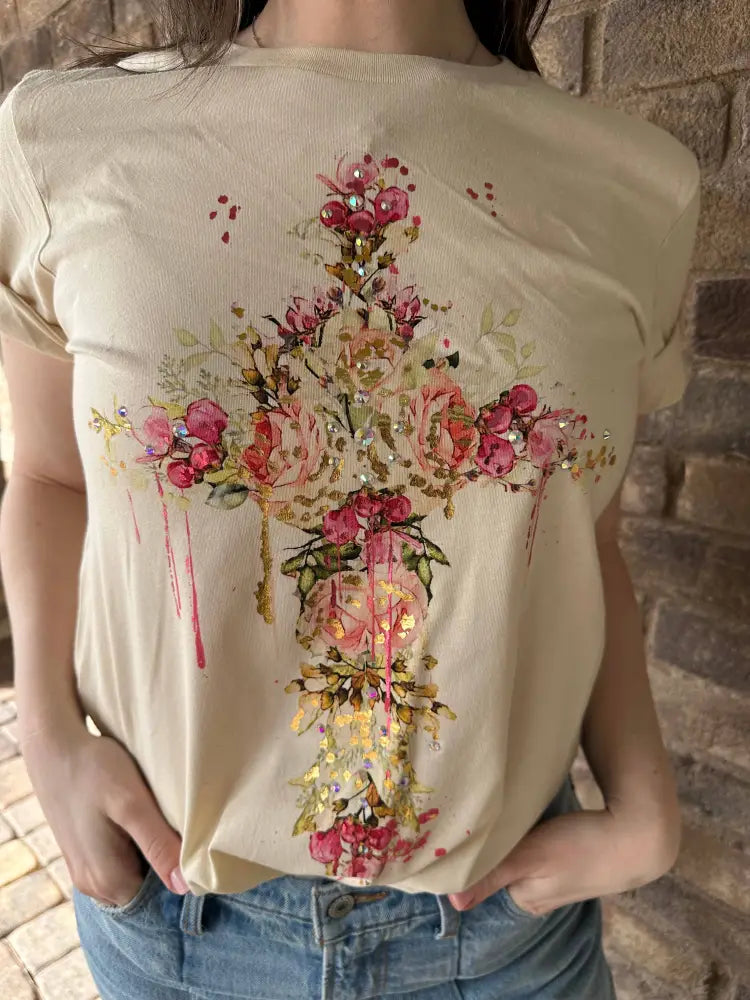 Floral Cross Tan T-shirt - Women > Tops