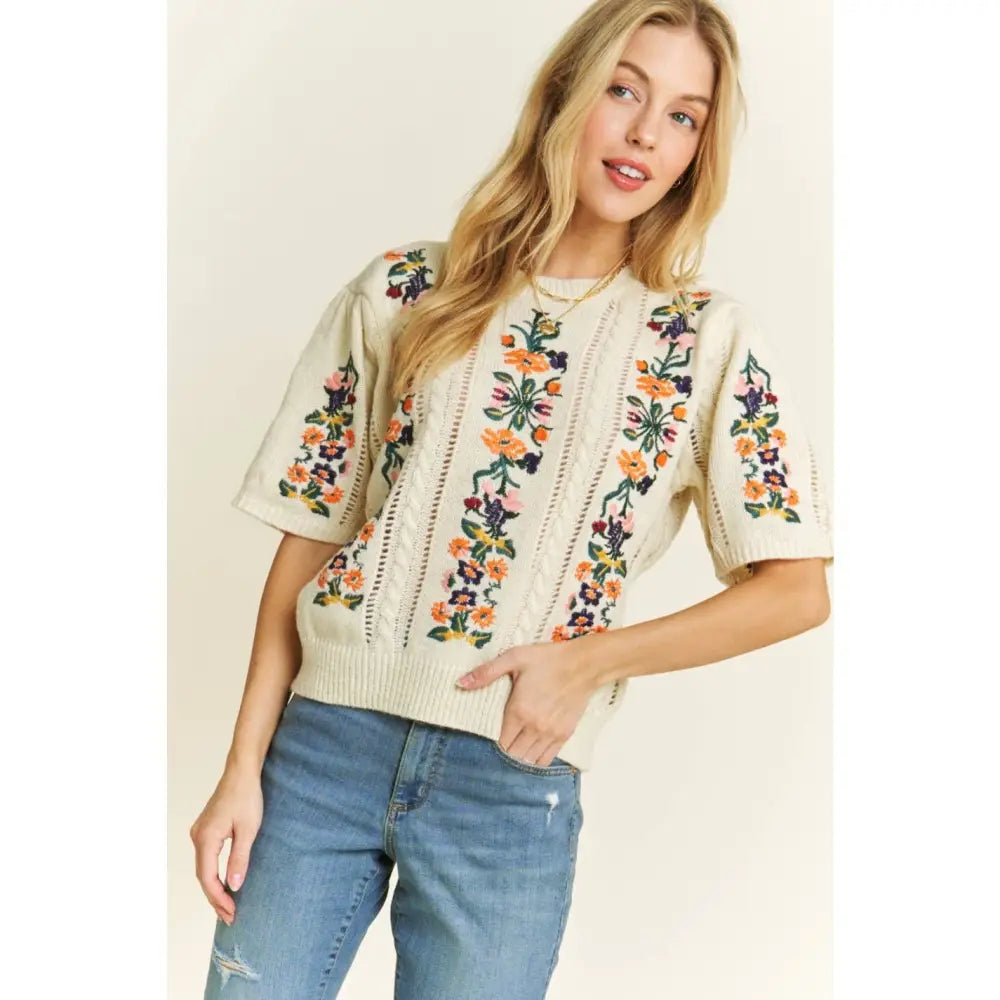 FLORAL EMBROIDERY CASUAL PULLOVER SWEATER Cream - Posh Finds