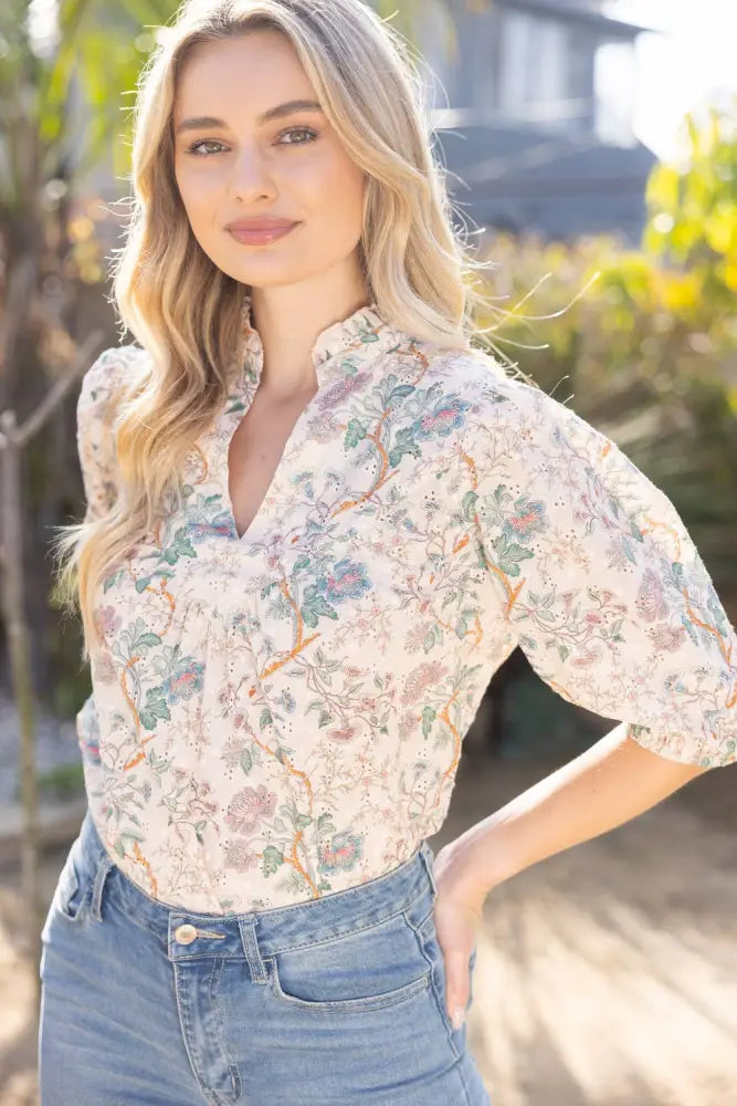 Floral Eyelet Half Puff Sleeve Top: Taupe - Women > Tops