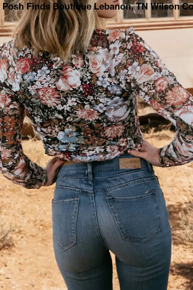 Floral Long Sleeve High Neck Sheath Mesh Blouse: Brown - Posh Finds