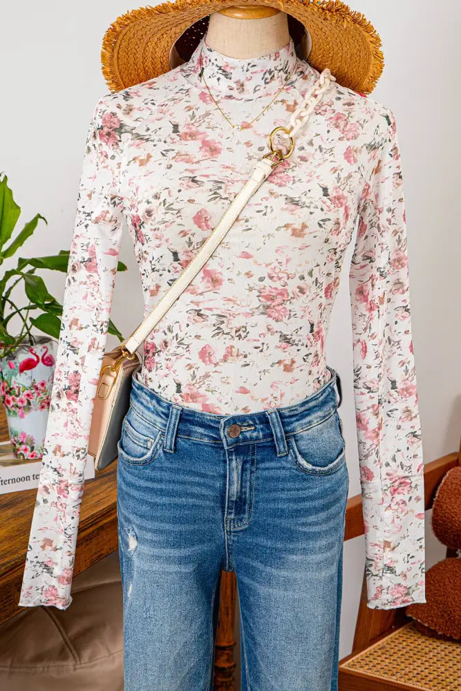 Floral Long Sleeve High Neck Sheath Mesh Blouse Cream - Posh Finds