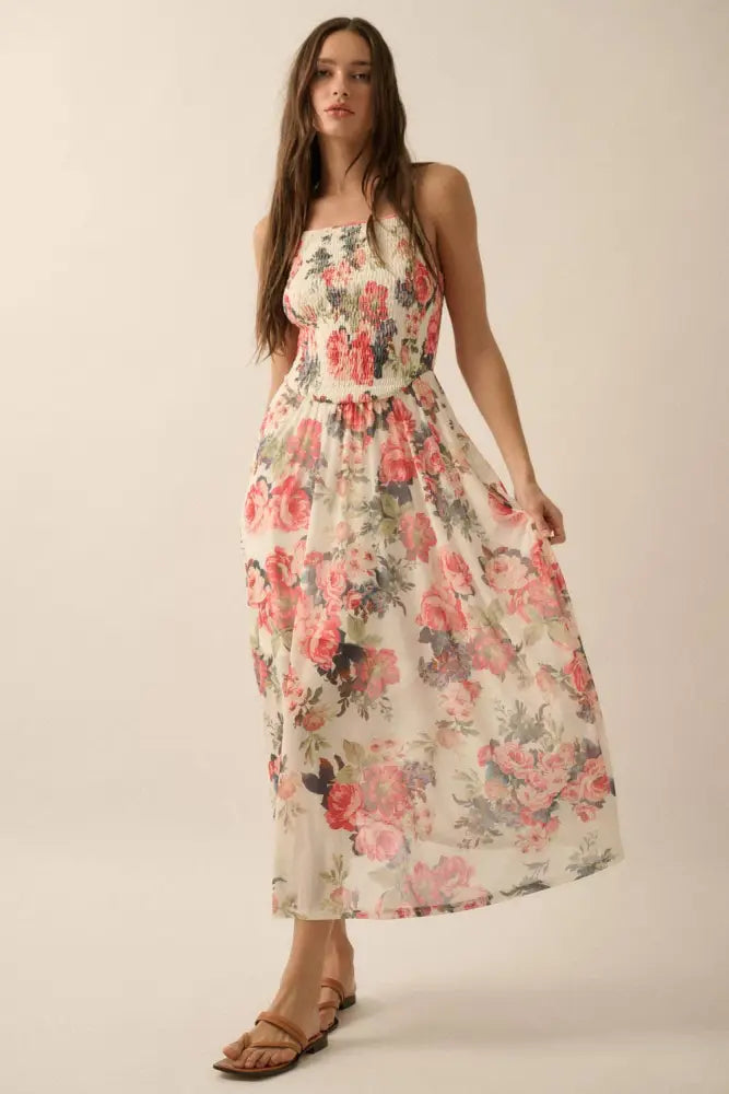 Floral Mesh Smocked-Bodice Cami Maxi Dress: Cream / S - Posh Finds