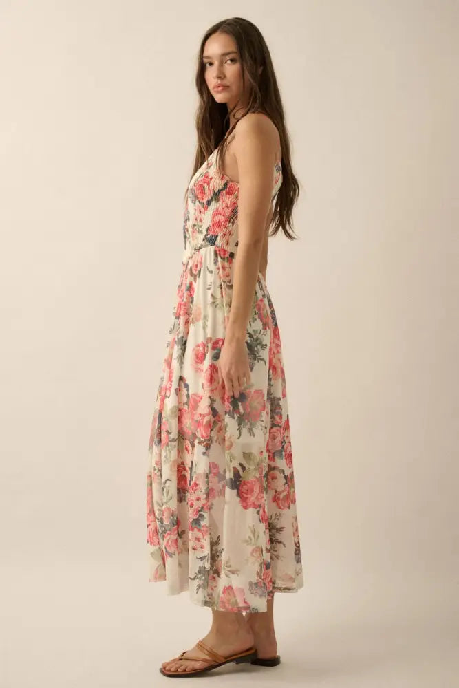 Floral Mesh Smocked-Bodice Cami Maxi Dress: Cream / S - Posh Finds