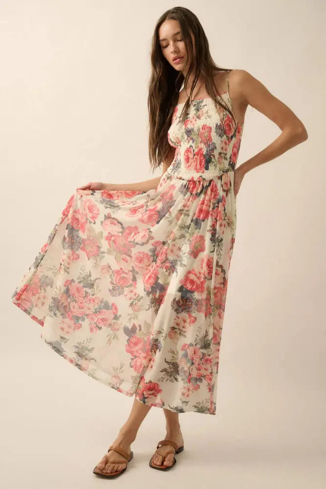 Floral Mesh Smocked-Bodice Cami Maxi Dress: Cream / S - Posh Finds