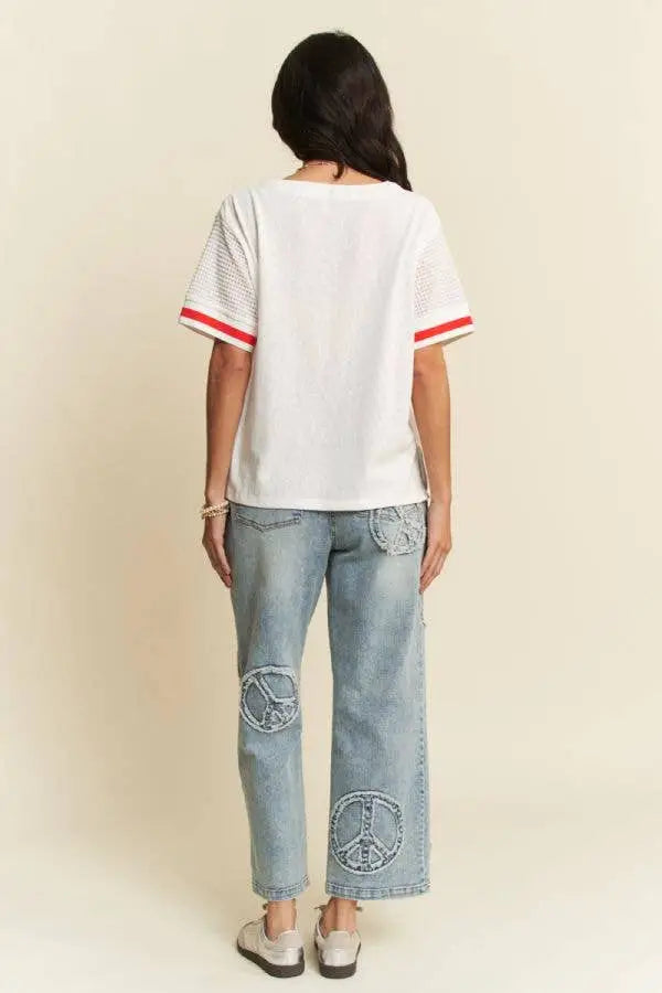 FLORAL PATCH AND LACE SHORT SLEEVE T-SHIRT TOP - Posh Finds