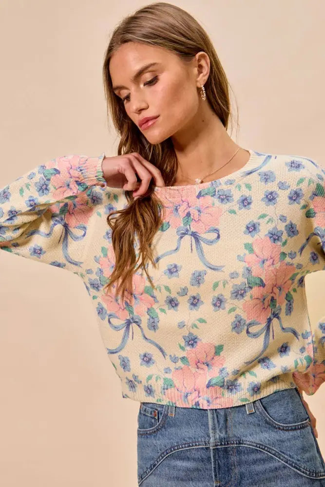 Floral Print Long Sleeves Sweater Knit Top: PETAL PINK - Posh Finds