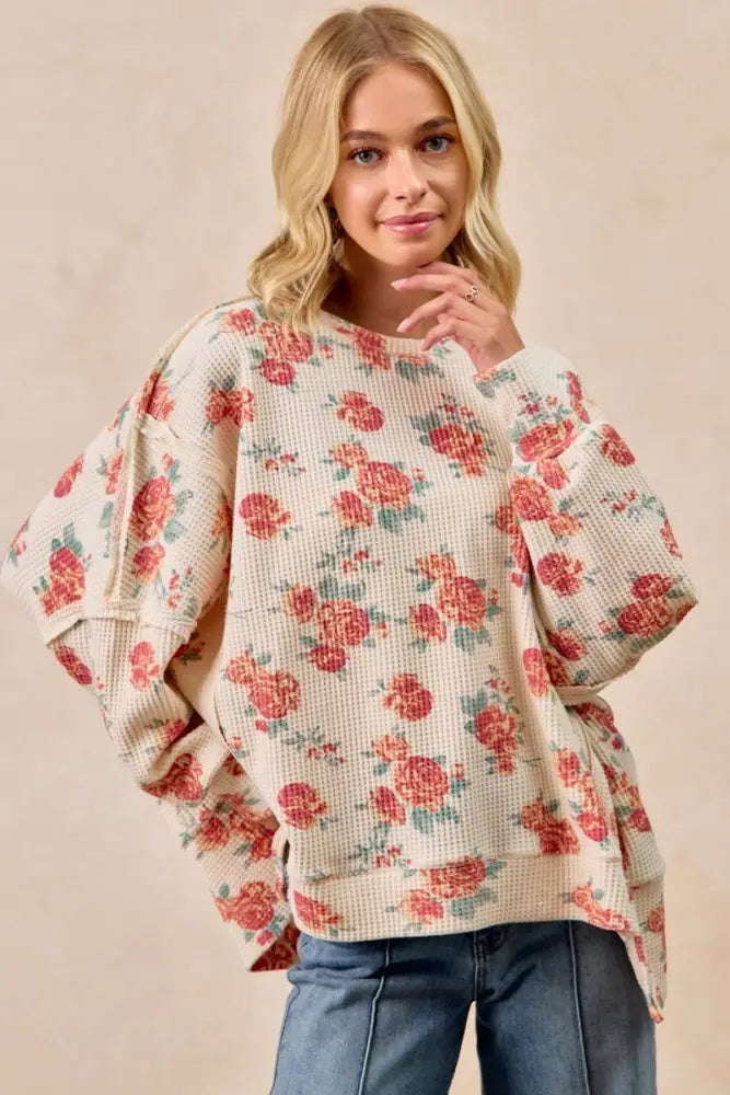 Floral Print Oversized Waffle Thermal Sweatshirt: OATMEAL - Posh Finds