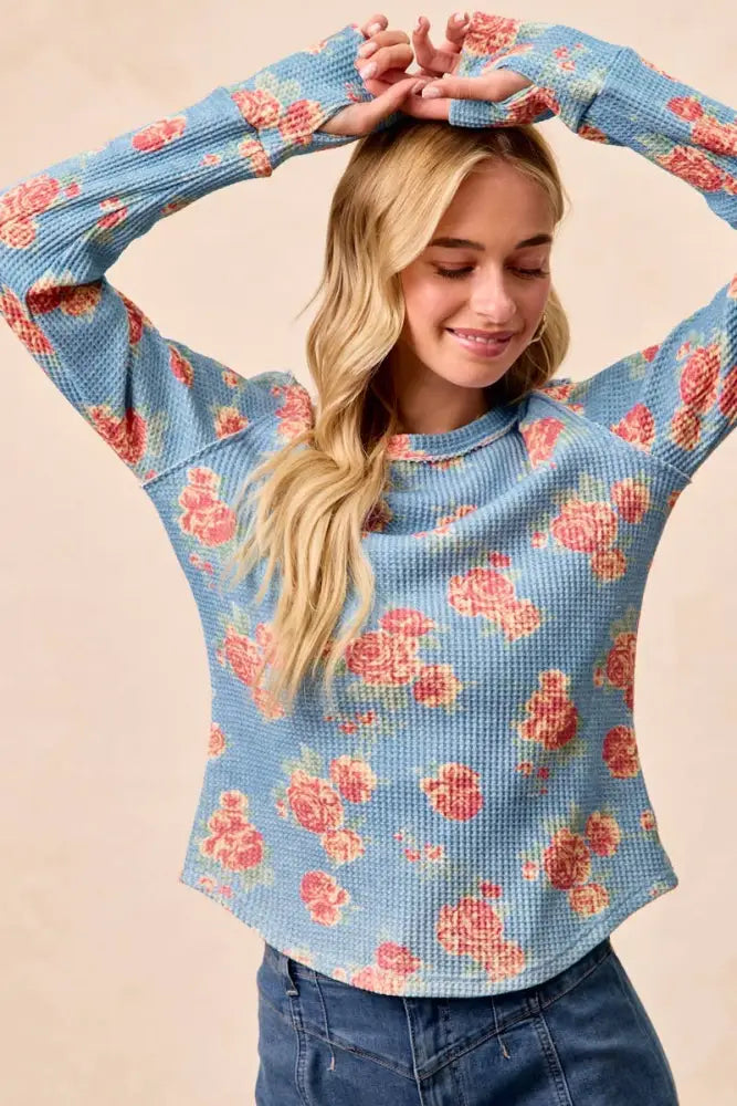 Floral Print Washed Waffle Thermal Top: DENIM - Posh Finds