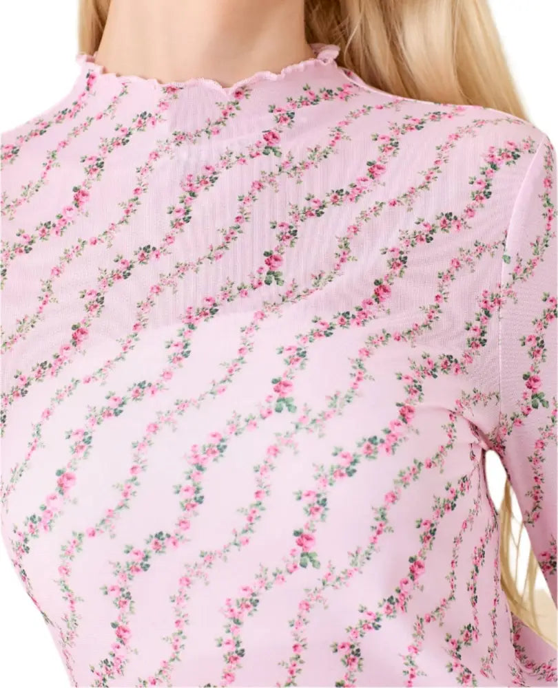 Floral Printed Mesh Top With Long Sleeves Pink or Light Blue - Posh Finds