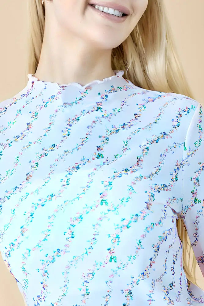 Floral Printed Mesh Top With Long Sleeves Pink or Light Blue - Posh Finds