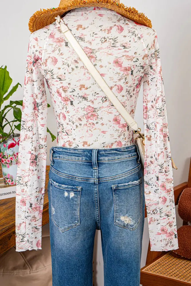 Floral Short Sleeve Mock Neck Sheath Mesh Blouse - Top