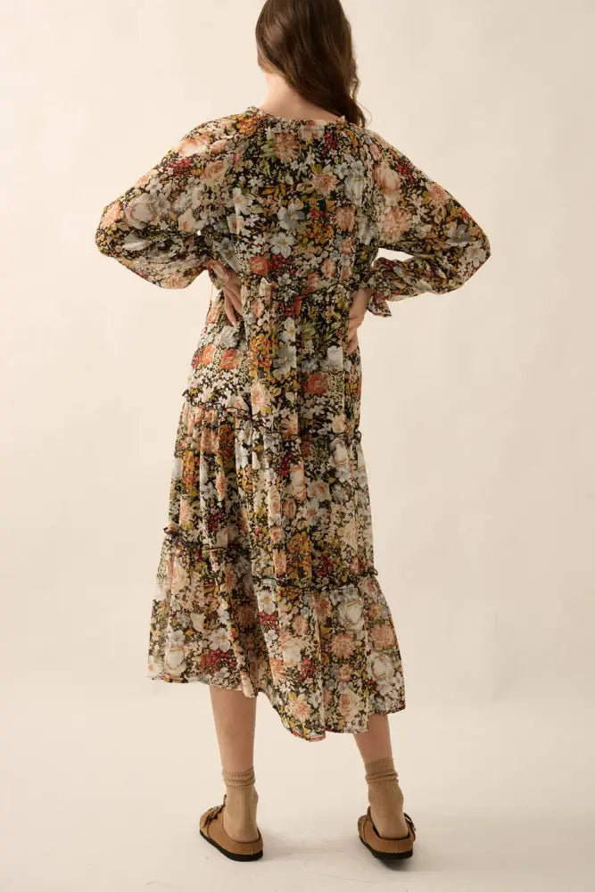 Floral V-Neck Chiffon Midi Dress: Black / S - Posh Finds