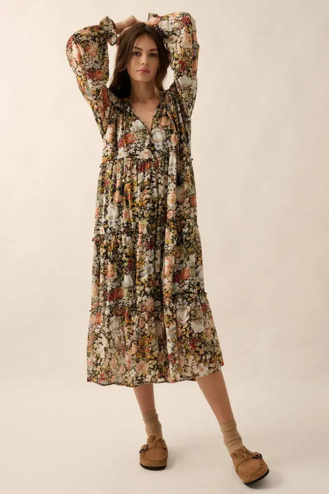 Floral V-Neck Chiffon Midi Dress: Black / S - Posh Finds