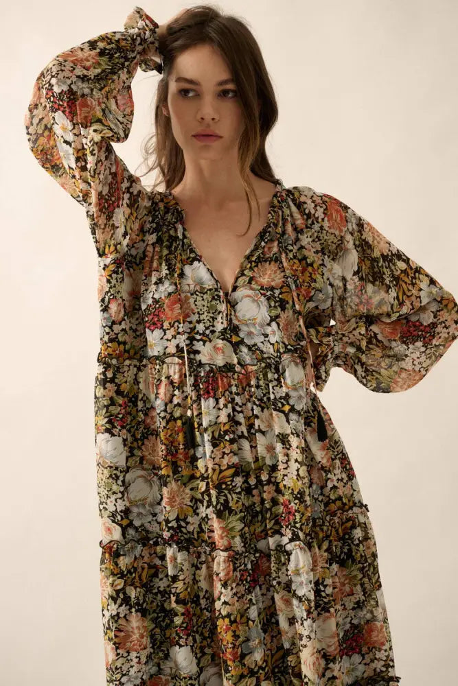 Floral V-Neck Chiffon Midi Dress: Black / S - Posh Finds