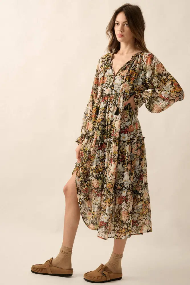 Floral V-Neck Chiffon Midi Dress: Black / S - Posh Finds