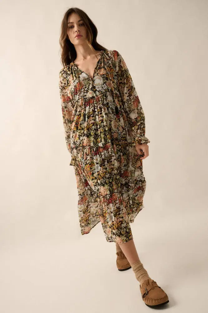 Floral V-Neck Chiffon Midi Dress: Black / S - Posh Finds
