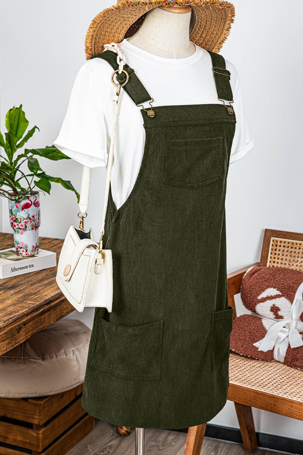 Front Pockets Sleeveless Corduroy Overall Dress Olive - Posh Finds