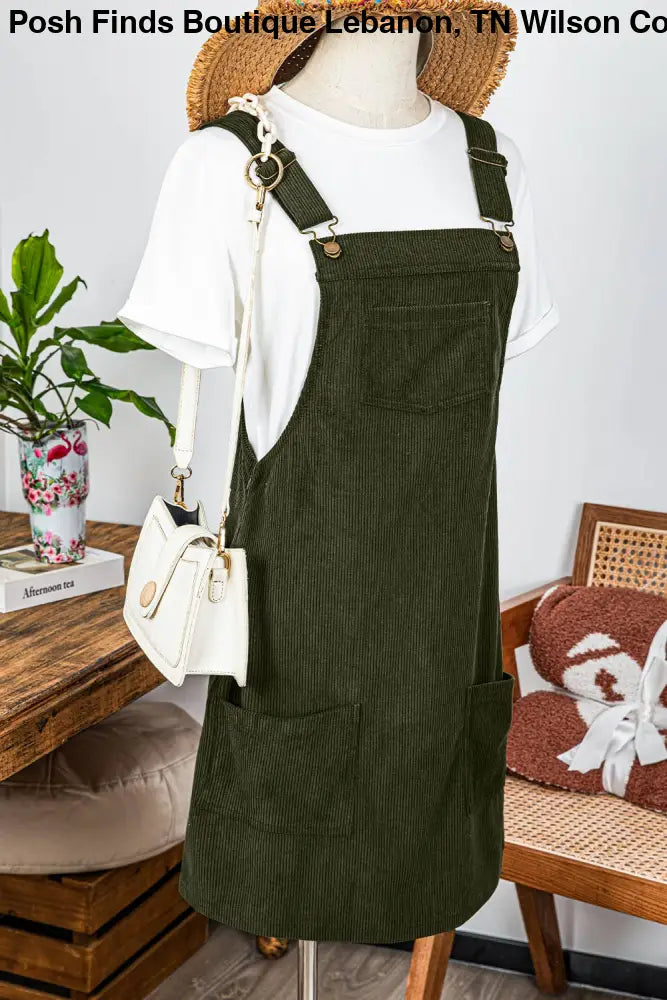 Front Pockets Sleeveless Corduroy Overall Dress Olive - Posh Finds