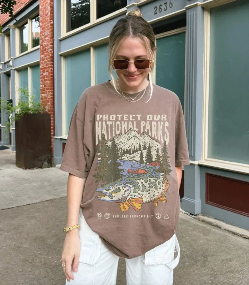 Green Vintage National Parks Wildlife Tee Hiking Camping Shirt - Women > Tops
