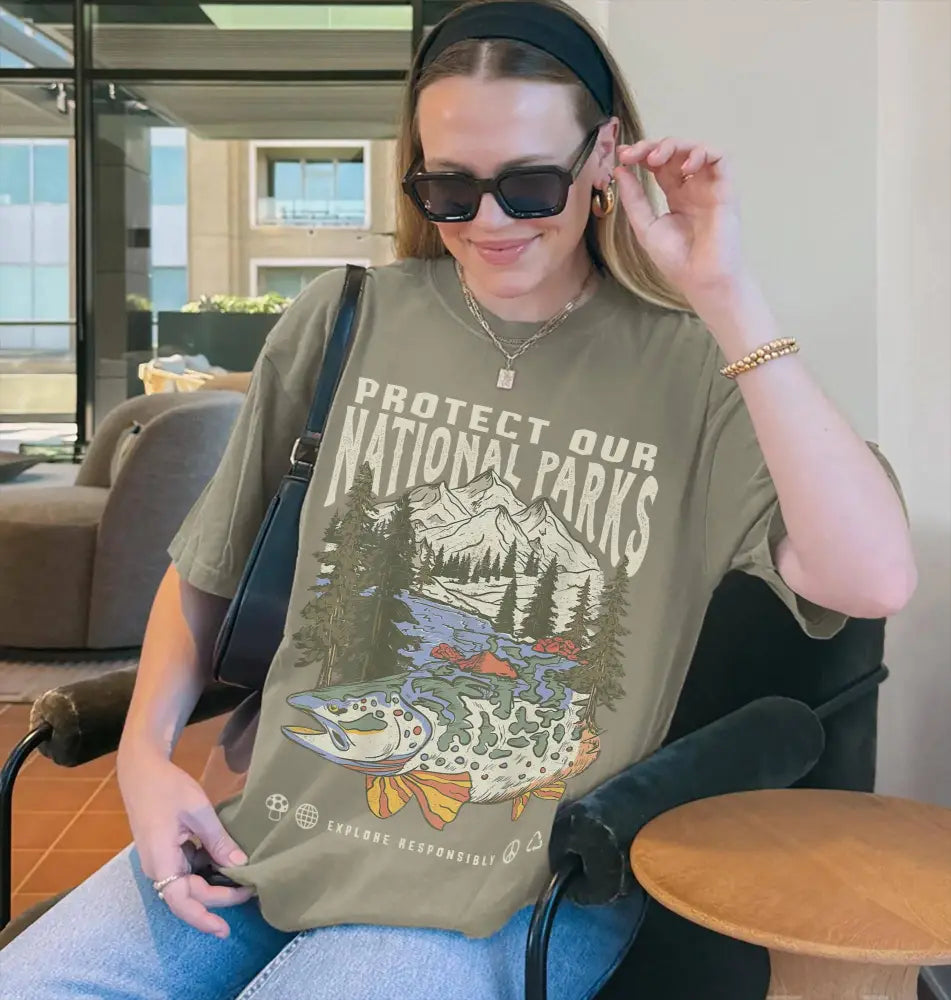 Green Vintage National Parks Wildlife Tee Hiking Camping Shirt - Women > Tops