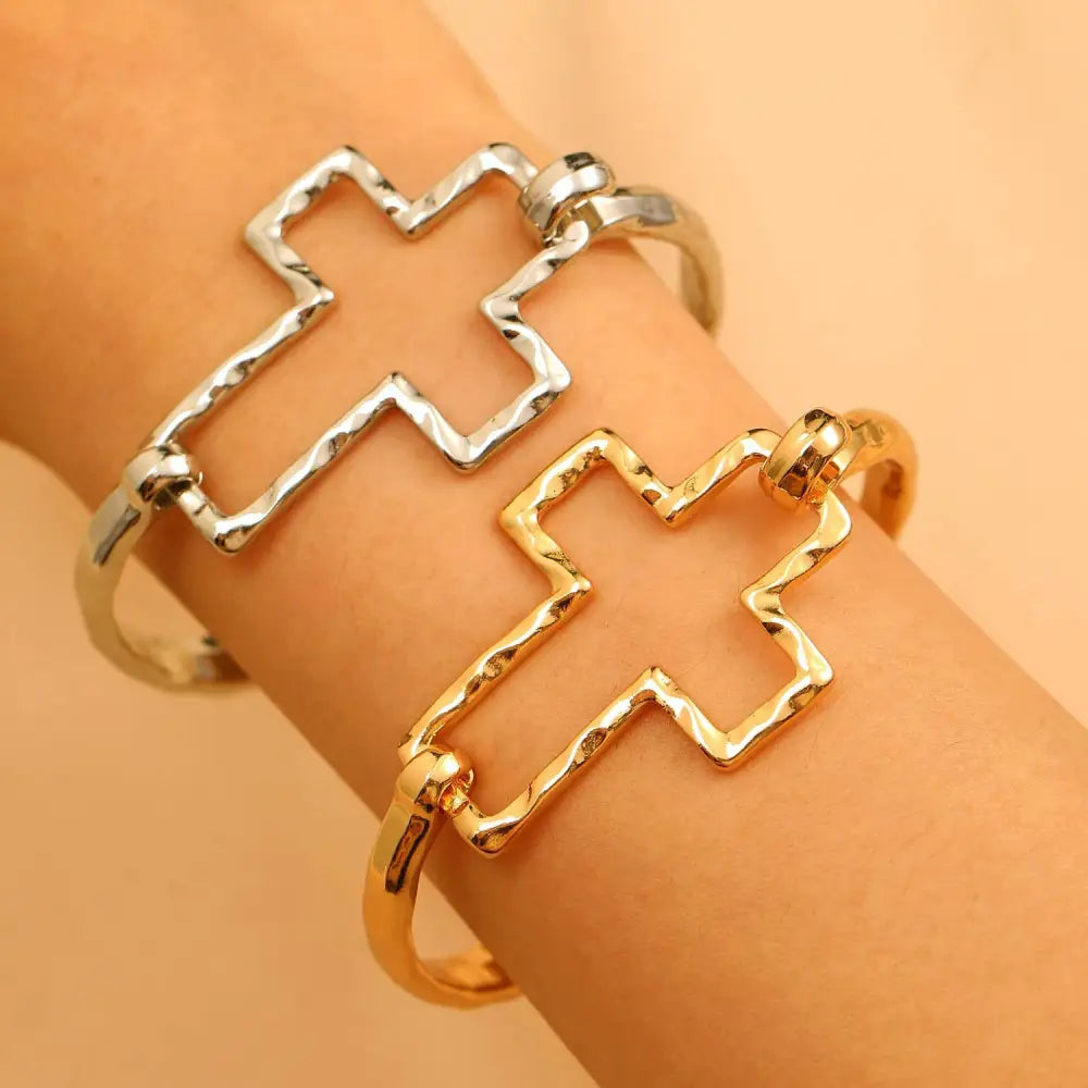 Hammered Open Cross Bangle - Silver or Gold | 40B5235: Gold