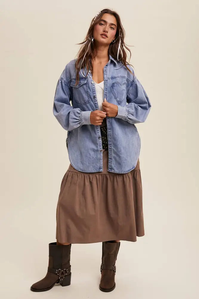 Heart Detail Oversized Denim Shirt LJ0248: Light Denim / L