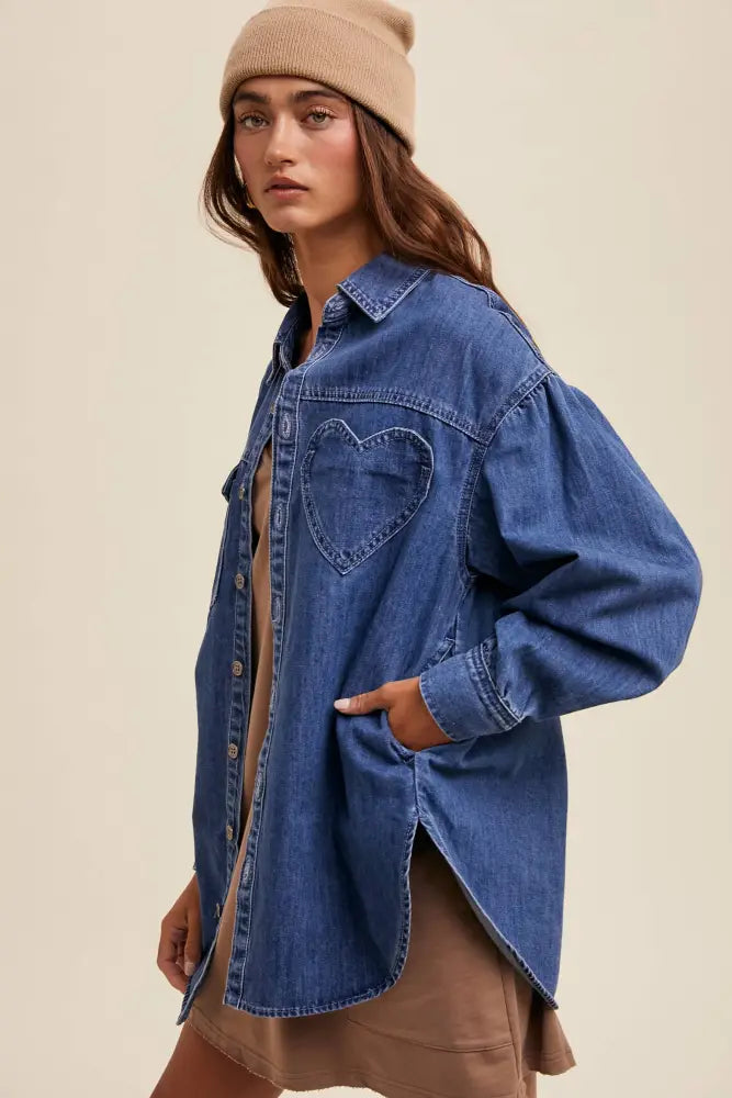 Heart Detail Oversized Denim Shirt LJ0248: Light Denim / L