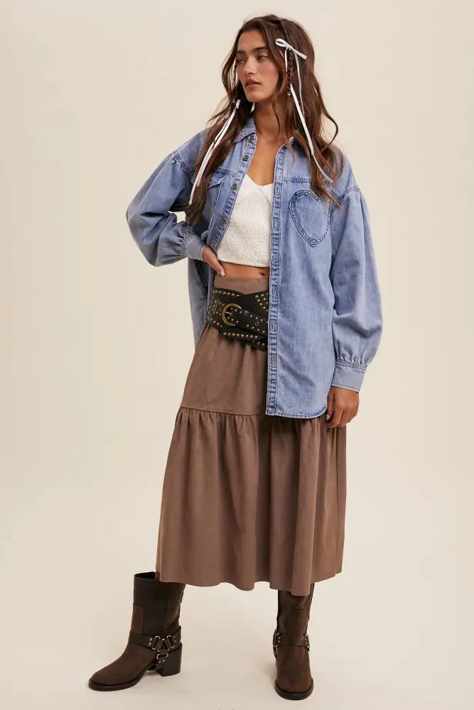 Heart Detail Oversized Denim Shirt LJ0248: Light Denim / L