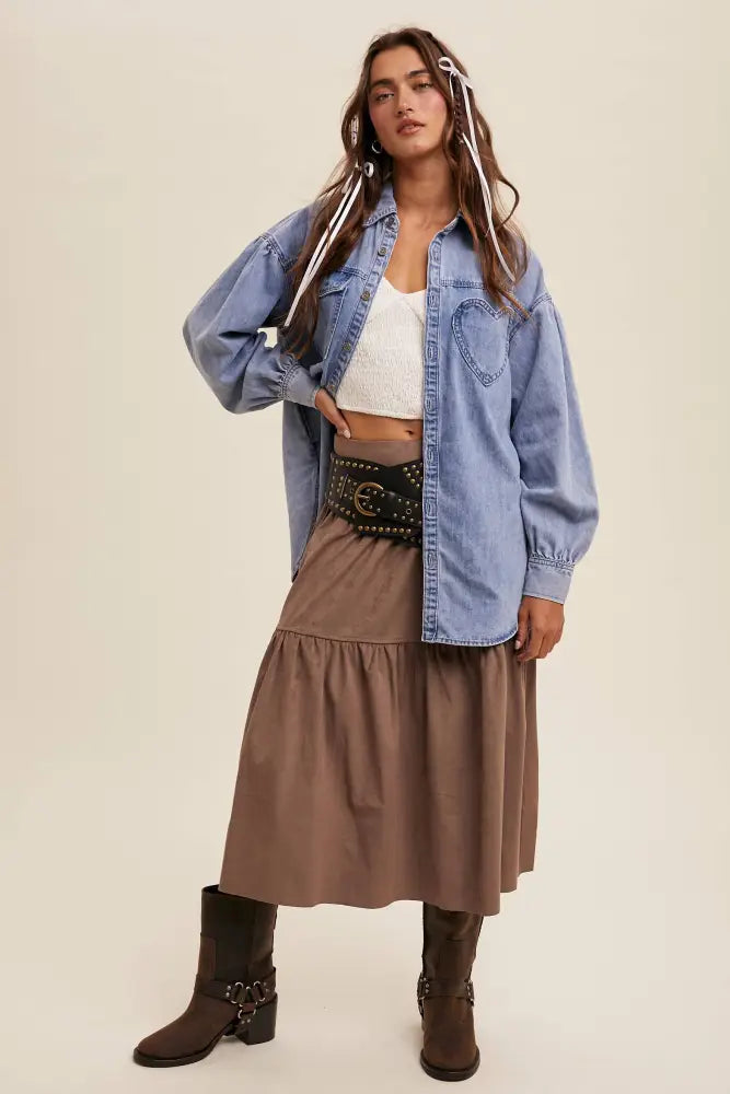 Heart Detail Oversized Denim Shirt LJ0248: Light Denim / L