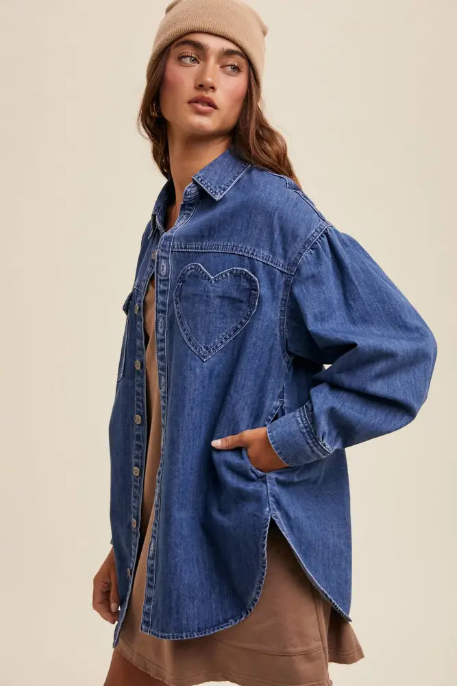 Heart Detail Oversized Denim Shirt LJ0248: Light Denim / M