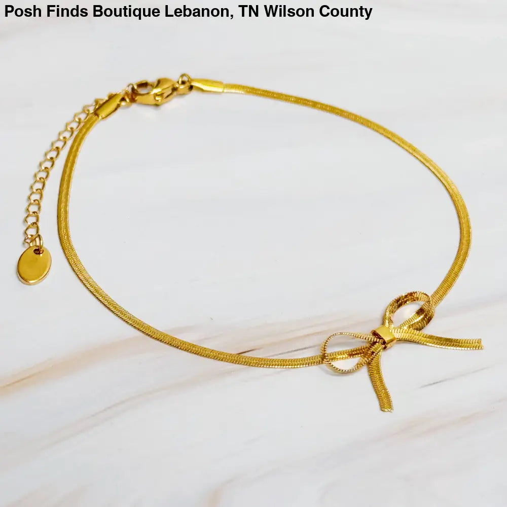 Herringbone Chain Bow Anklet Gold - Posh Finds