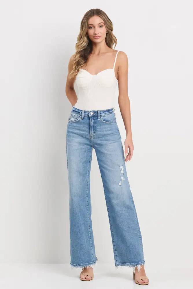 High Rise Wide Leg Jean in Medium Blue - Posh Finds