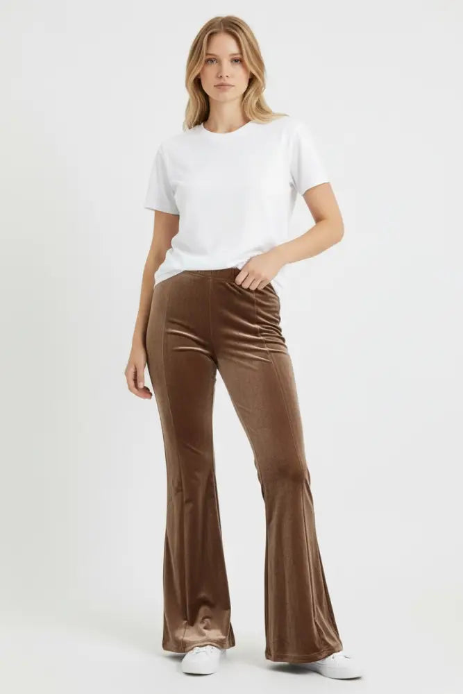 High Waist Knit Velvet Stretch Wide Flare Leg Pant with Elastic Waist Almond - Posh Finds